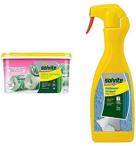 Solvite 2029424 5-Roll Paste the Wall Ready-Mix – Pink, Solvite 1574679 Ready to Use Wallpaper Stripper - 1 L, Green/Yellow