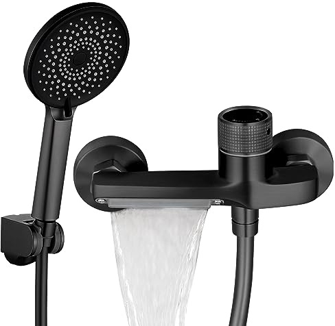 Badewannenarmatur mit Handbrause, Wasserfall Badewanne Wasserhahn, Mischbatterie Einhand-Wannenbatterie mit Duschschlauch Brause Duschsystem Set, Wandmontage Badewannenhahn für Badezimmer (Schwarz)