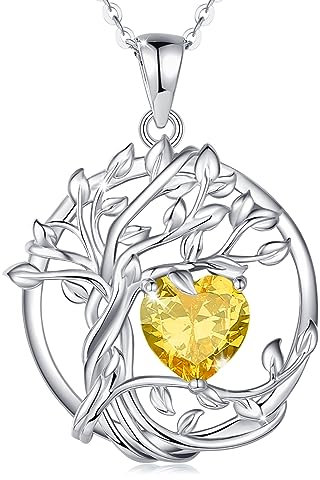 FANCIME Tree of Life Citrine Necklace for Women 925 Sterling Silver Tree Pendant Birthstone Necklace Jewellery Gemstone Anniversary Birthday Christmas Gifts for Wife Girls Her