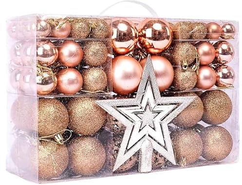 101-Piece Rose Gold Christmas Baubles Set – Shatterproof Xmas Tree Ornaments in Glitter, Matte & Shiny Balls with Hanging Hooks – Holiday Decoration Set for Christmas Tree & Home Decoration