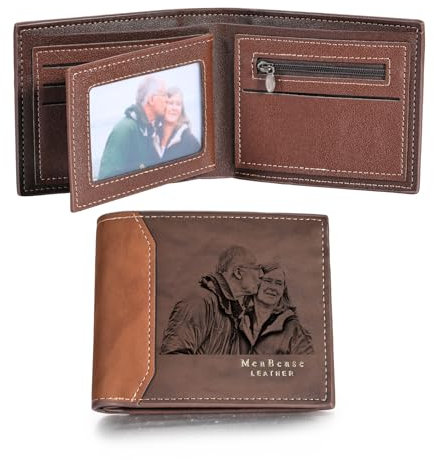 MunkiMix Personalisierte Foto Leder Bifold Geldbörse für Männer Gravierte Skizze Bild/Name Initiale/Text Herren Geldbörse Geschenke für Vater Freund Ehemann (B2-Name Initiale & Innentext, Dunkelbraun)