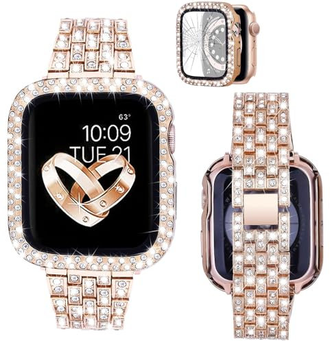 VISOOM Bling Diamant Armband mit Gehäuse Kompatibel mit Apple Watch 41mm Damen Mode Glitzer Schmuck Metall Armbänder Elegant iWatch Band Series 9 8 7 - Roségold