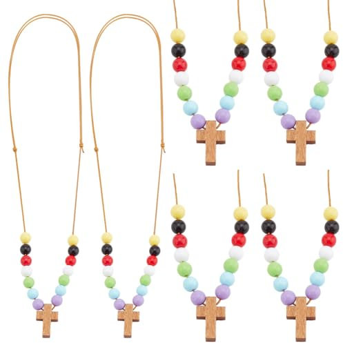 PH PandaHall 10 Stück Kreuz Anhänger Halskette Holz Kreuz Charms Mit Bunten Perlen Perlenketten Verstellbare Rosenkranz Schmuck Halskette Für Sonntagsschule Ostern Taufe