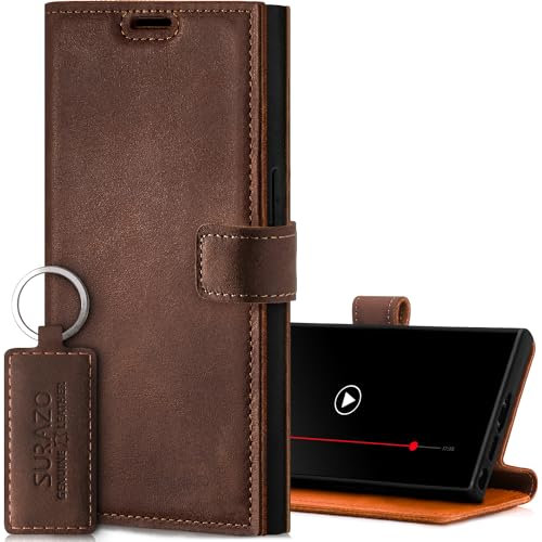 SURAZO Handyhülle für Samsung Galaxy S24 Ultra Hülle Leder – Klappbare Echtleder Schutzhülle [Magnet, Kartenfach, RFID Schutz, Standfunktion] Flip Klapphülle Wallet Case Cover Lederhülle (Nussbraun)