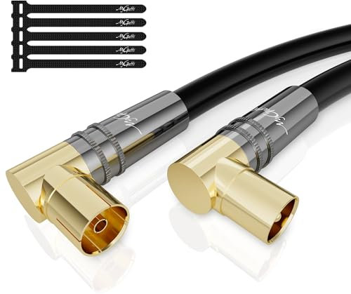 Mygatti 1.5M RG6 Cavo Antenna Maschio a Femmina 4K,cavo satellite a 90°,cavo TV HD Coassiale-75 Ohm-Connettori in Metallo Robusto Dorato,per la TV Digitale e analogica-con 5 fascette per cavi