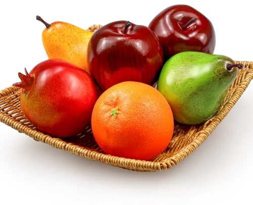 Ikosora Confezione da 6 Pezzi di Frutta Artificiale: Mele Red Delicious E Pere Realistiche Per La Decorazione Della Casa, Tavola, E Party - Frutta Finta Realistica (Mela, Pera, Arancia, Melograno)