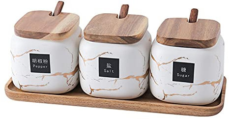 Set barattolo per condimenti con coperchio Modello creativo in marmo Set serbatoio per condimenti da cucina in ceramica Coperchio in legno Saliera Barattolo per spezie Utilizzato nella zuccherier