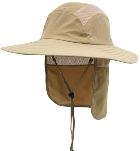 Magracy Herren UPF 50+ Sonnenhut mit Nackenschutz breite Krempe Netzstoff Safari-Hut Wandern Angeln Hut faltbar Damen Khaki