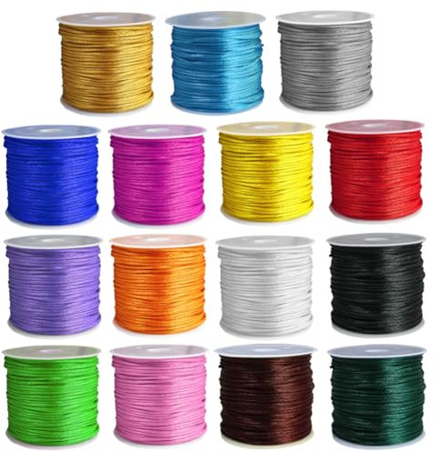 Ewparts Lot de 15 rouleaux de fil en nylon satiné pour fabrication de bracelets, kumihimo, collier, macramé, porte-clés, fabrication de bijoux, bracelets - 1,5 mm