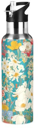 Niigeu Fleur Artistique Colorée Bouteille d'eau Isotherme avec Paille en Acier Inoxydable Gourde, Sans BPA Gourdes Eau pour Enfant Sport Randonnée École Bureau (600ml/1L)