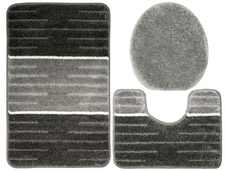 AKCILA COMO Bad Teppich Grau 50x80+40x60+40x50cm | 3-teiliges Set Badezimmerteppich | Badematte bunt | Bad Vorleger waschbar | Rechteckig Badewanne Rutschfest | Badematten & Badteppiche | Bathroom Rug