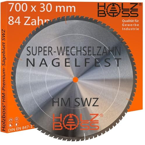 Holzboss ® HM-Sägeblatt 84x Zahn nagelfest SWZ 700 x 30 mmØ Super-Wechselzahn HW Kreissägeblatt für 700x30 mm Wippsäge Tischkreissäge Brennholz mit Betonbeschlag Feinschnitt Holz Acrylglas