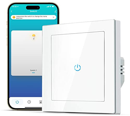 SMARTERCURRY Smart WLAN Lichtschalter 1 Fach 1 Weg Alexa Lichtschalter, gehärtetes Glas Touch Lichtschalter, Timing-Funktion, Weiß, Neutralleiter Erforderlich, 1 Stücke
