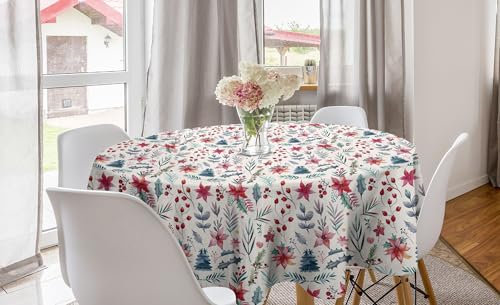 ABAKUHAUS Noël Nappe Ronde, Fleurs et Feuilles de Noël, Nappe en Cercle pour Salle à Manger ou Cuisine, 150 cm, Rose Bleu Pétrole Pâle