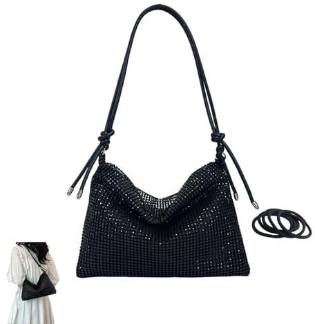 SwirlColor Clutch Schwarz, Glitzer Schwarz Diamante Abendtasche Damen Handtasche mit Strass Bling Abend Handtasche für Hochzeit Dinner Party, mit 5 Pcs Gummibändern