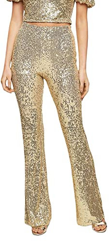 Damen Pailletten Schlaghose Elastische Hohe Taille Weites Bein Glockenhose Slim Party Club Glänzende Hosen Clubwear, A-golden, M