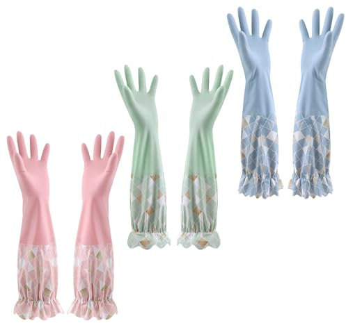 3 Paar Haushaltshandschuhe, SHAIDOJIO Lange Spülhandschuhe mit Futter, Wasserdichte Putzhandschuhe Gummihandschuhe Lang mit Lotusrand für Küche Bad Wäscherei Gartenarbeit Haustierpflege-Rosa Blau Grün