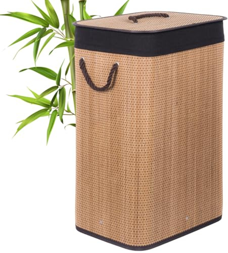 G21 Bambus Wäschekorb mit Deckel 72L, Stabiler Wäschesammler Bambus mit Henkel, Brauner Wäschesack herausnehmbar und maschinenwaschbar - laundry basket