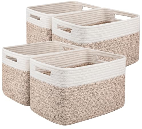 OIAHOMY 4 Pack Storage Basket, 13x9x7.8 Cotton Rope Baskets for Shelves, Closet Organizer for Bedroom & Living Room, Soft Decorative Bins for Organizing Towels, Books & Toys, Brown & White