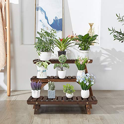 GYMAX Scaffale Porta Fiori a 3 Ripiani, Ogni Ripiano Carica 10 kg, Scaffale Carbonizzato per Piante in Legno di Abete, Ideale per Giardino e Balcone
