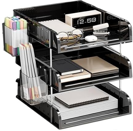 HKeeper 3-Etagen Schreibtisch Organizer, Stapelbare Dokumentenablage aus Acryl, Briefablage für A4 Papier und Bürozubehör (Schwarz)