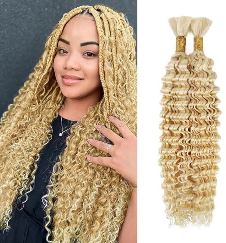 16 Inch Boho Braids Human Hair Extensions 100g 2 Bundles No Weft Human Braiding Hair for Knotless Braids Wet and Wavy Deep Wave Bulk Human Hair For Women (613#, 16Inch 100g(50gx2Bundles))