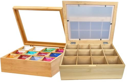 NatureBuz Bamboo Tea Box Organiser with 12 Compartments & Semi-Transparent Lid – Natural Wooden Caddy for Tea Bags, Jewellery, Craft Storage – Eco-Friendly Storage Box 28x23x9 cm