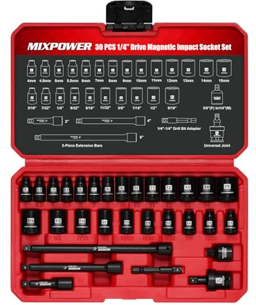 MIXPOWER 30 PCS 1/4 Drive Shallow Magnetic Impact Socket Set,Metric/SAE, 6-Point, CR-MO, Magnetic Socket with Impact Socket Adapter, Universal Joint,Extension & Drill Bit Adapter