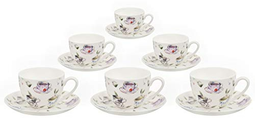 Buchensee Kaffeetassen, Teetassen Set aus Fine Bone China Porzellan. 6 Kaffeetassen je 210ml und 6 Unterteller, Tassenmuster