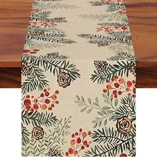 JANGYUHH Winter Weihnachten Tischläufer Tannenzapfen Grüne Kiefernnadeln Weihnachtsdeko Tischdeko Outdoor Weihnachtstischläufer Tischdecke Dekoration Tischband 40x140 cm