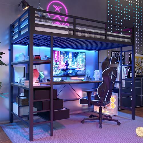 SACOOL Cama alta 90 x 200 cm con luces LED Escritorio Enchufe USB 3 cajones estantes barandilla escalera sin colchón negro