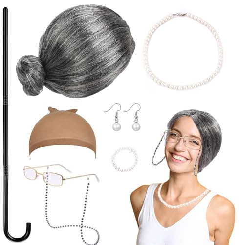 RANJIMA 7er Set Alte Dame Perücke, Oma Perücke Grauer Old Lady Kostüm Set mit Brille Kette Perlenkette Armband Spazierstock für Frau Fasching Maskerade Cosplay Köln-Karneva Party