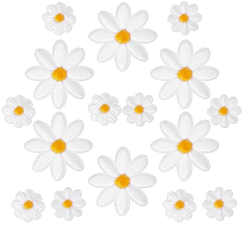 Nogeqi 30 stycken syrliga sömnadslappar med margueriter, stryklappar för barn, stryklappar för vuxna, blommor, sömnadslappar att stryka på, margueriter, sömnadslappar för barn, klänning, jeans, jackor