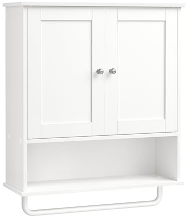 VASAGLE Siren Colección - Mueble de Baño Colgante con Barra para Toallas, Armario de Pared con Estante Abierto, Estante Ajustable y Puertas, Estilo Rústico, Blanco Nube BBK149WB01