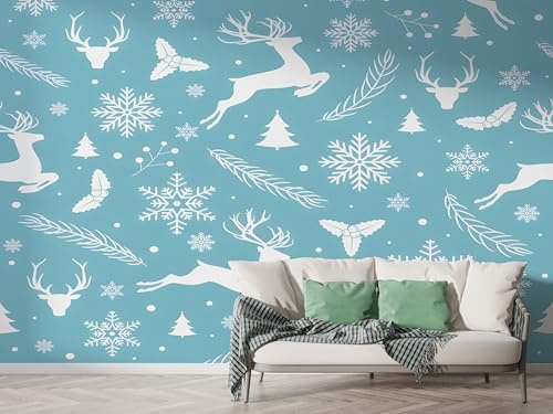 Weihnachten Rentier Baum Schneeflocke Tapete, Geschenk Winter Fototapete, Festival Wandpapier, Vliestapete Selbstklebende Wand Deko, Motivtapeten Schlafzimmer Wohnzimmer, 100x70 cm - K-673