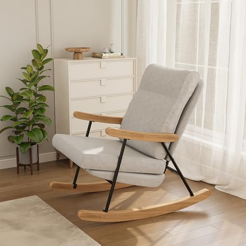KeepGoon Chaise à Bascule, Fauteuil à Bascule avec Dossier, Repose-Pieds Coulissant, Fauteuil de Relaxation, pour Salon, Chambre à Coucher, Tissu en Coton et Lin (Grigio)