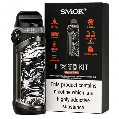 SMOK IPX80 Pod Mod Kit 80W Adjustable Vape Device [Fluid Black Grey] | 3000mAh Built-in Battery, IPX67 Waterproof, Dustproof & Shockproof, RPM 2 Pod, Dual Airflow, Includes 2 Coils, No Nicotine