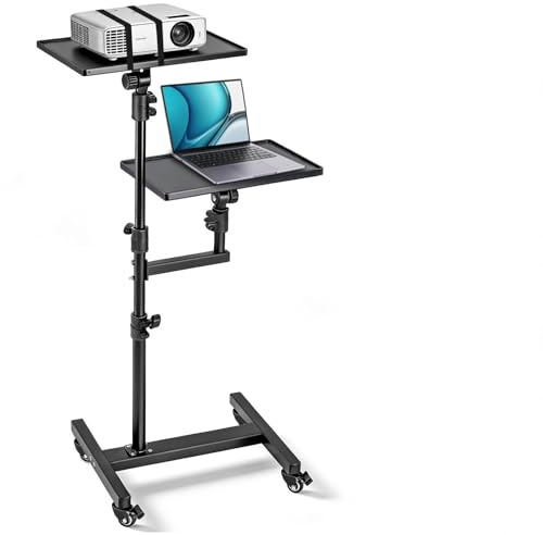 CAHAYA Projector Stand Tripod Adjustable - Mobile Laptop Stand with 2 Shelves and Wheels 180°Tiltable Tray Adjustable Height from 75 to 161.5 cm Stable for Tablets Phones Book Laptop DJ Rack