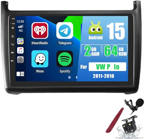 PLKEQS Autoradio Android 2 64G per VW P-Olo 2011-2016, Schermo Touch da 9 Pollici 2K, Radio, CarPlay Wireless, Android Auto, WiFi, Bluetooth, GPS, FM RDS, SWC, Fotocamera,K5 PRO Plus