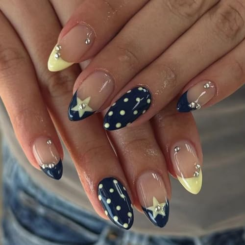 Faux ongles à presser sur les ongles - Base bleue - Pois jaunes - Motifs : pois et étoiles - Matériaux ABS pour manucure instantanée - Perfections - Bleu et jaune