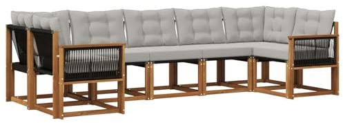 vidaXL Outdoor-Sofagarnitur mit Kissen 7 pcs Natur und Hellgrau, Moderne Gartenlounge, robuster Sofa, eleganter Patio, stylische Möbel für gemütliches Sitzen im Freien