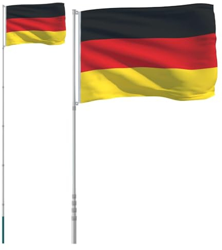 Flagge Deutschlands mit 5,5 m Aluminium Fahnenmast, wetterfestes Polyester Fahne mit Messingösen, Teleskopstange mit Bodenhülse, ideal für Garten, Balkon, Terrasse, Party, Festival