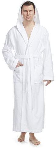 Accappatoio da uomo con cappuccio, lunghezza alla caviglia, 100% cotone spugna, Bianco, L-XL lungo