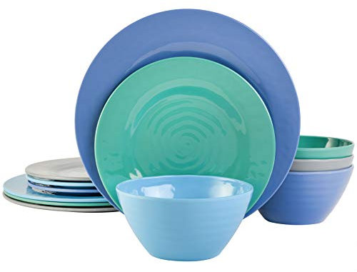 Gibson Overseas Inc. Brist Service de table 12 pièces avec assiettes et bols en mélamine résistant aux chocs Bleu