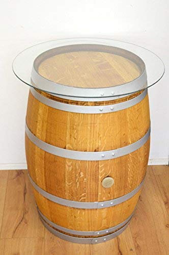 Temesso Dekofass, Stehtisch aus echtem Weinfass, Gartentisch mit Glas -Tischplatte D80cm - Fass in verschiedenen Variationen (Fass geschliffen + geölt mit silbernen Ringen)