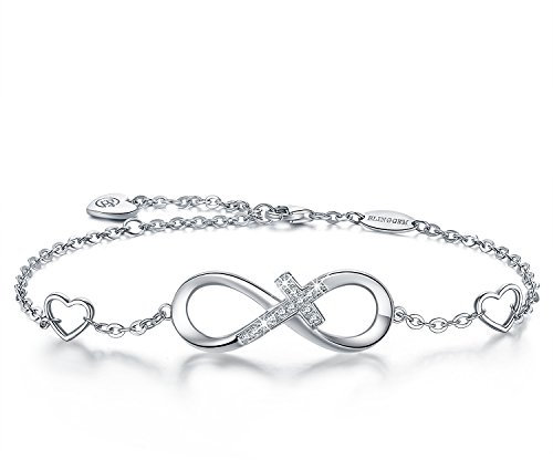 BlingGem Damen Armband aus Weißgold vergoldet 925 Sterling Silber mit Rundschliff Zirkonia Unendlichkeit Kreuz Bettelarmband Frauen