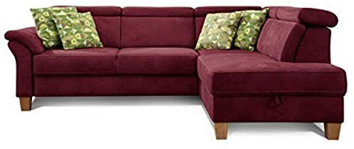 Cavadore Schlafsofa Ammerland mit Ottomane rechts / Federkern-Sofa im Landhausstil mit verstellbaren Kopfstützen, Bett und Bettkasten / 245 x 84 x 194 / Lederoptik rot