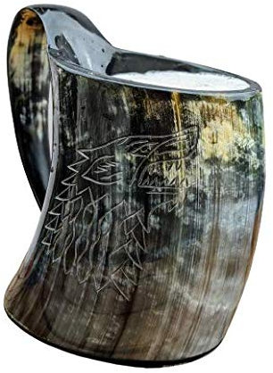 Hornerey B-05-Fenrir Hornbecher mit Gravur 0,5l Fenrir, Büffelhorn, 500 milliliters, 1 Stück (1er Pack), Schwarz, Weiß, Braun