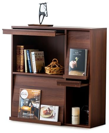 Iris Ohyama, Möbel, Regal, Aufbewahrungsbibliothek, mit 4 Klapptüren, Holz, Zeitschrank, Elegant, Vielseitig, für Büro, Schlafzimmer, Wohnzimmer, Braun, Flap Rack FR-F4