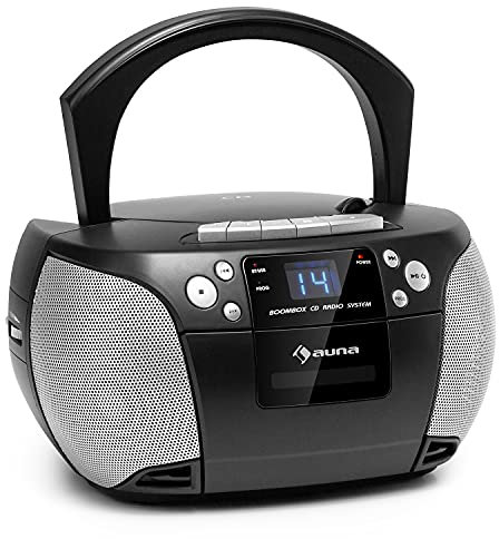 Auna Harper - CD Boombox, Reproductor de CD, Bluetooth, Potencia 2 x 1,5 W RMS, Reproductor de Cassette, Sintonizador Radio FM, Entrada AUX, USB, Pantalla LED, Antena, Cable y batería, Negro